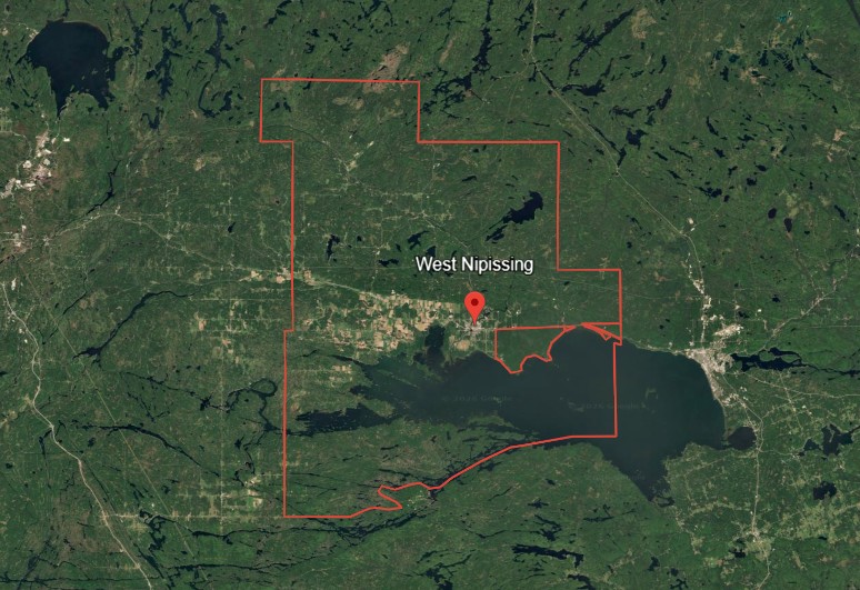 Satellite map showing the West Nipissing boundary and Lake Nipissing